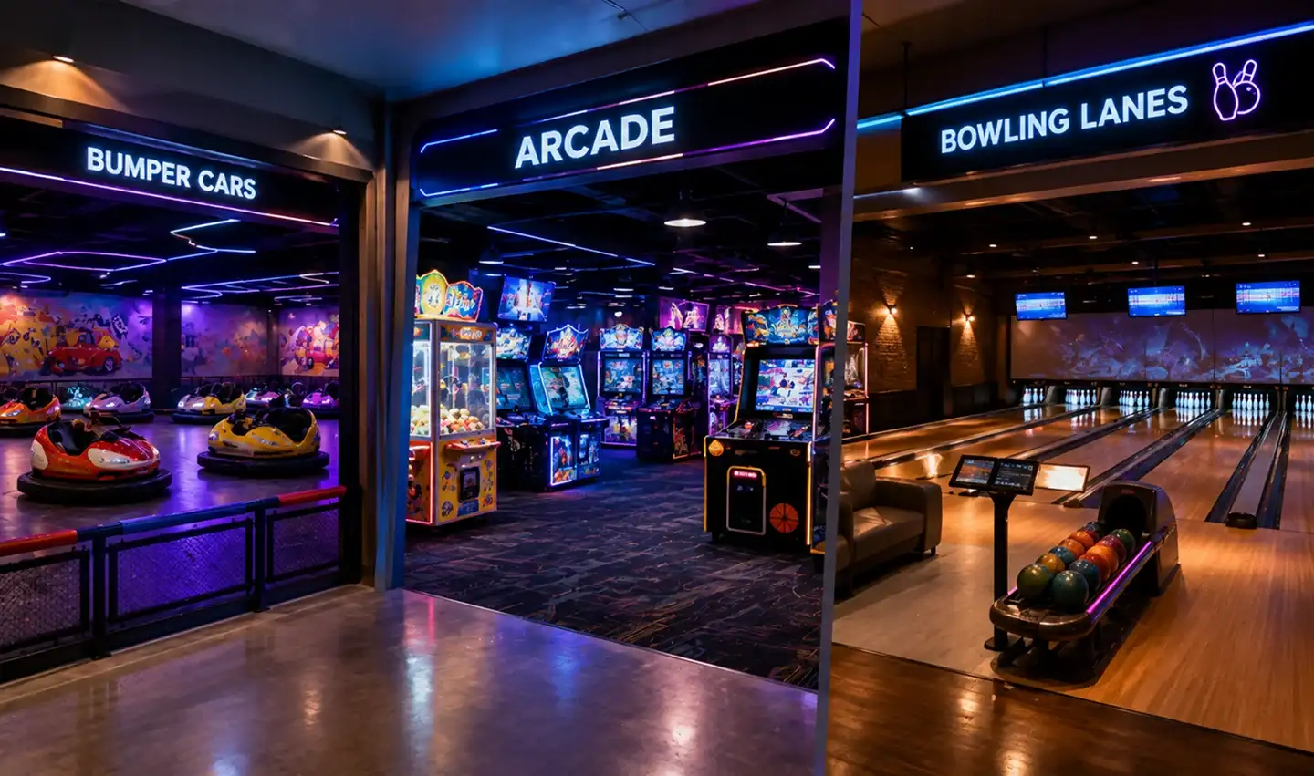 Indoor entertainment center with bumper cars, colorful arcade games, and illuminated bowling lanes under neon signs.