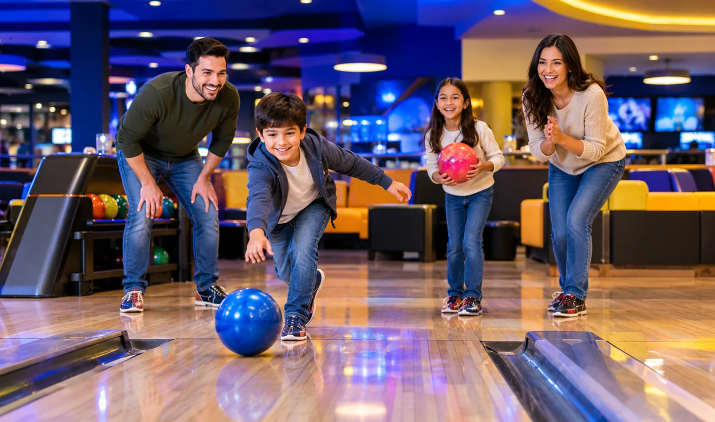 A family of four enjoying bowling, with the boy rolling a blue ball while parents and sister cheer him on indoors.